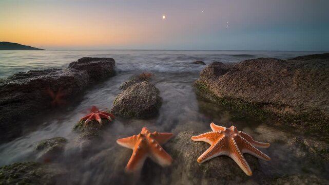 Three starfish resting on a rocky shore with gentle waves under a twilight sky and a visible moon.