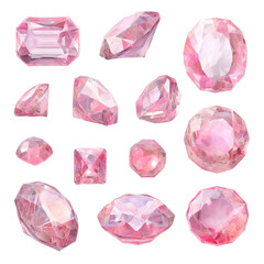 Shiny pink gems, various cuts, against a black background