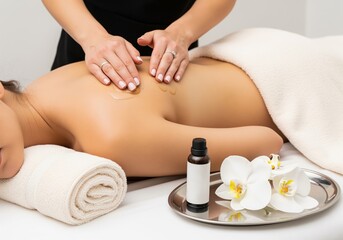 Woman receives oil massage on her back in a spa salon for relaxation