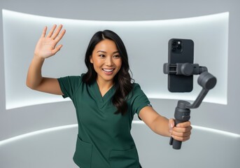 Asian woman in scrubs records video with smartphone on a gimbal