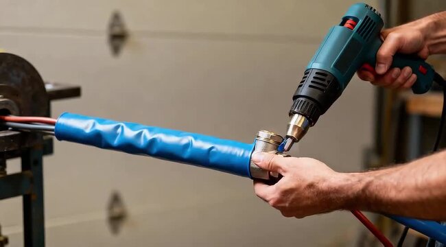 Steady masculine hands using heavy duty heat gun to shrink large heat shrink tubing over wire splice with smooth plastic contortion and tightening.