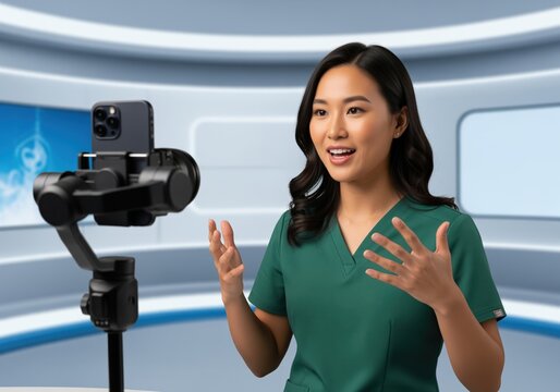 Asian medical professional speaks to smartphone on gimbal in studio - Powered by Adobe