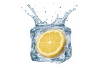 Lemon slice frozen in ice cube creating refreshing water splash, symbolizing cold drinks, freshness, and citrus flavor, transparent background