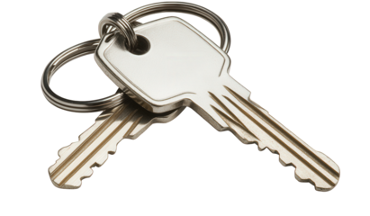 Two silver keys with rings isolated on transparent background, representing security, access, and the concept of unlocking opportunities or solutions in various contexts