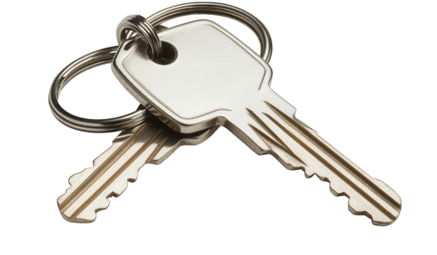 Two silver keys with rings isolated on transparent background, representing security, access, and the concept of unlocking opportunities or solutions in various contexts