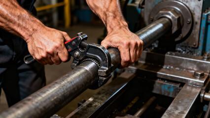 Muscular hands and arms straining while threading pipe on steel pipe with locked tool requiring great physical effort in industrial setting.