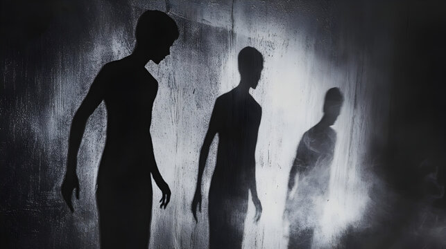 Ethereal shadows of figures cast on a textured wall creating a mysterious and evocative monochrome scene with a sense of depth and artistic expression