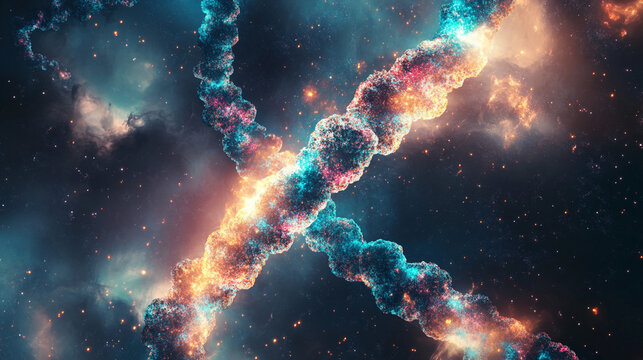 DNA strand emerging from swirling cosmic energy, glowing with light as molecular structure forms from radiant particles in a mystical space-inspired scientific scene.