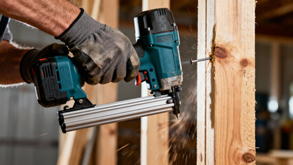 Powerful gloved hands bracing cordless nail gun against wooden stud with slight jerk from powerful impact and instantly embedded nail in wood.