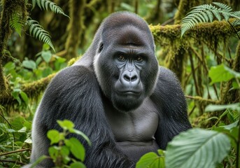 Fototapeta premium Massive silverback gorilla sitting peacefully in a mountain forest