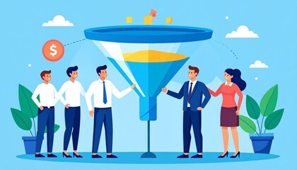 Business team funneling money, converting leads into sales, vector illustration