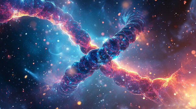 DNA strand emerging from swirling cosmic energy, glowing with light as molecular structure forms from radiant particles in a mystical space-inspired scientific scene.