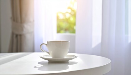 Morning coffee cup on white table with sunlight streaming through window