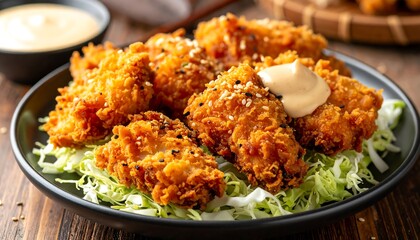 Crispy Fried Chicken Tenders with Sesame Seeds and Sauce on a Bed of Shredded Lettuce.