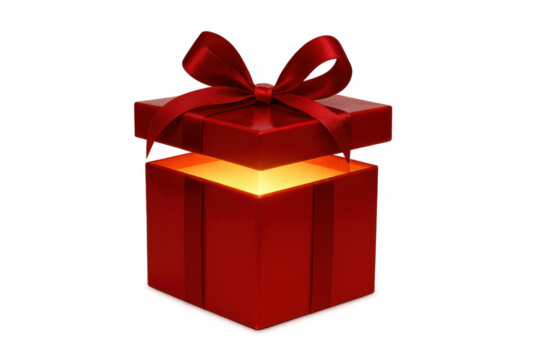 Red gift box opening with glowing light, revealing magic surprise, present for celebration, transparent background