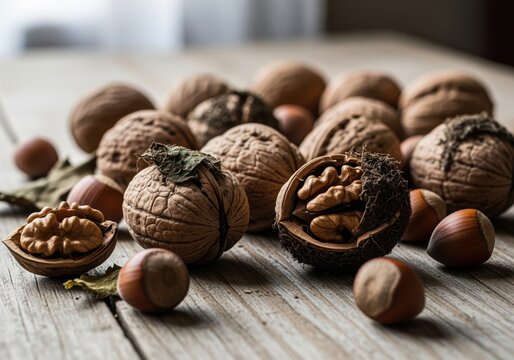 Rustic walnuts and hazelnuts still partially encased in their shells