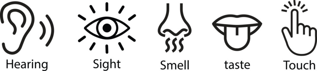 Human senses flat icon set. Vision eye, smell nose, hearing ear, touch hand and taste mouth with tongue. Five senses of human nervous system. Design vectors for health, medical and sensory perception.