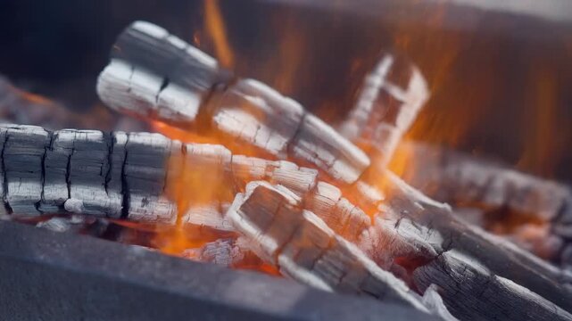 Troncos de madera ardiendo con llamas naranjas y brasas incandescentes en una parrilla, creando calor y luz.
