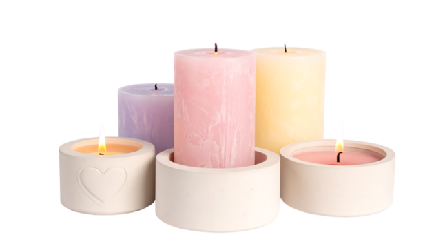 Assorted candles in pastel colors, some lit, arranged in white ceramic holders on clean white background