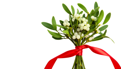 Mistletoe bunch tied with a red ribbon, featuring green leaves and white berries, isolated on white background