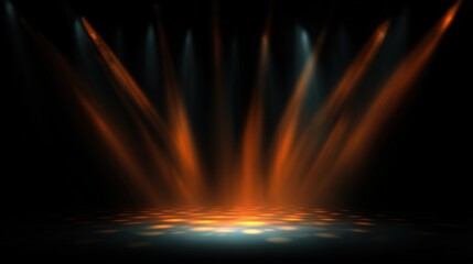 A dramatic stage lighting setup with beams of orange and blue light illuminating a dark space, creating an energetic and vibrant atmosphere.