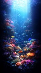 Sunbeams Penetrating Water to Illuminate Vibrant Coral Reef Teeming with Colorful Tropical Fish, Enchanting Underwater Scene with Dark Blue Background for Wallpaper or Conservation Themes.
