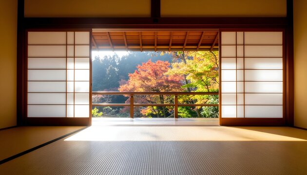 Traditional Japanese Room with Autumn Foliage View