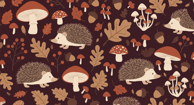 Charming autumn-themed seamless pattern showcasing cute hedgehogs, various mushrooms, acorns, berries, and fallen leaves, ideal for seasonal designs.