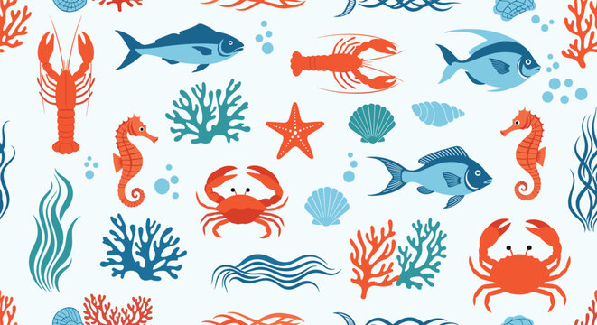 Seamless marine life pattern featuring colorful fish, crabs, lobsters, seahorses, and corals on a light blue background.