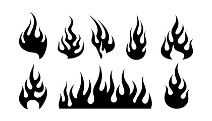 Set of black fire flame vector icons. Simple flat burning fire silhouette collection. Hot energy symbol for graphic design. Blaze pictogram illustration isolated.