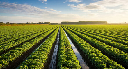 Agricultural Symmetry: Green Crops Plantation Rows In Field Under Blue Skies Rural Landscape Farm Production Growing Sprout Harvest Cultivation