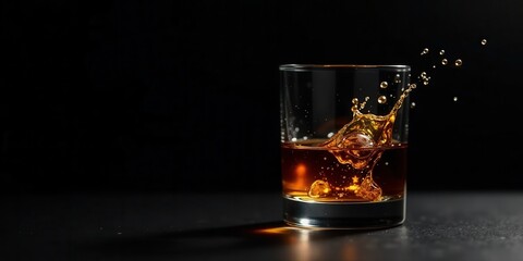 Amber liquid splashing dramatically in a rocks glass against a dark background