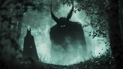 Eerie forest scene featuring a shadowy figure with glowing eyes and a cloaked character creating a mysterious and ominous atmosphere in nature