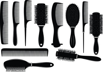 Collection of combs and hairbrushes in silhouette style for hair grooming, styling, detangling, smoothing, curling, and volumizing tools