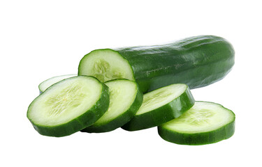fresh cucumber and slices on white background.