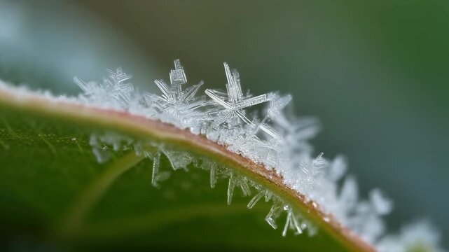 Cristales de hielo delicados y escarcha cubriendo el borde de una hoja verde en un d&iacute;a fr&iacute;o de invierno.