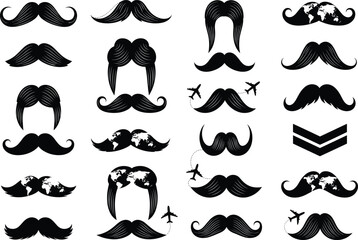 Collection of creative mustache vector silhouettes with travel, airplane, and world map themes for barbershop, men fashion, and design concepts