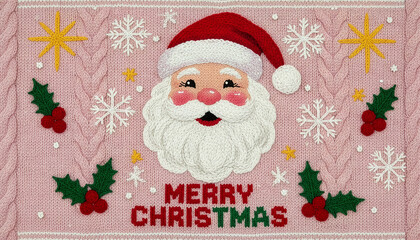 Knitted pink Christmas fabric with Santa face, holly leaves, snowflakes, and Merry Christmas text pattern