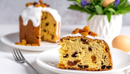Delicious Slice of Easter Kulich Cake with Icing and Raisins on a White Plate.