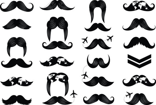 Collection of creative mustache vector silhouettes with travel, airplane, and world map themes for barbershop, men fashion, and design concepts