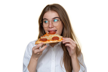 woman eating pizza slice on transparent background