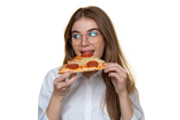 woman eating pizza slice on transparent background