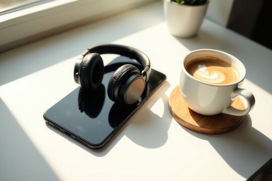 Peaceful morning routine wireless headphones rest on a sleek smartphone beside a steaming cup of latte art coffee, bathed in sunlight.