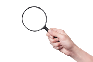 magnifying glass held by hand on white background.