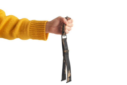 Hand Holding an Old, Worn Leather Strap on White. - Powered by Adobe