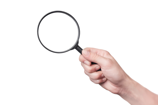 magnifying glass held by hand on white background.