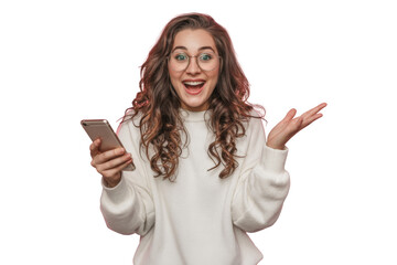 excited woman holding smartphone on white background