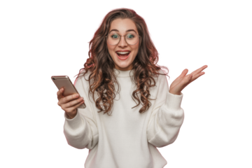 excited woman holding smartphone on white background