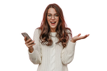 excited woman holding phone on transparent background.