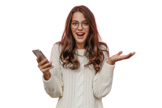 excited woman holding phone on transparent background.